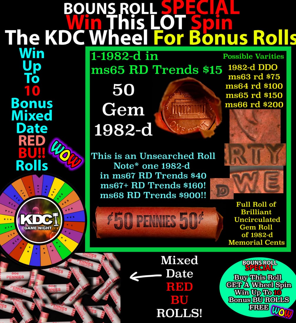 1-10 FREE BU RED Penny rolls with win of this 1982-d SOLID RED BU Lincoln 1c roll incredibly FUN: 1-10 FREE BU RED Penny rolls with win of this 1982-d SOLID RED BU Lincoln 1c roll incredibly FUN wheel. A terrific Shotgun roll of Lincoln cents in a Bank wrapper. Most if not all coins should be cher