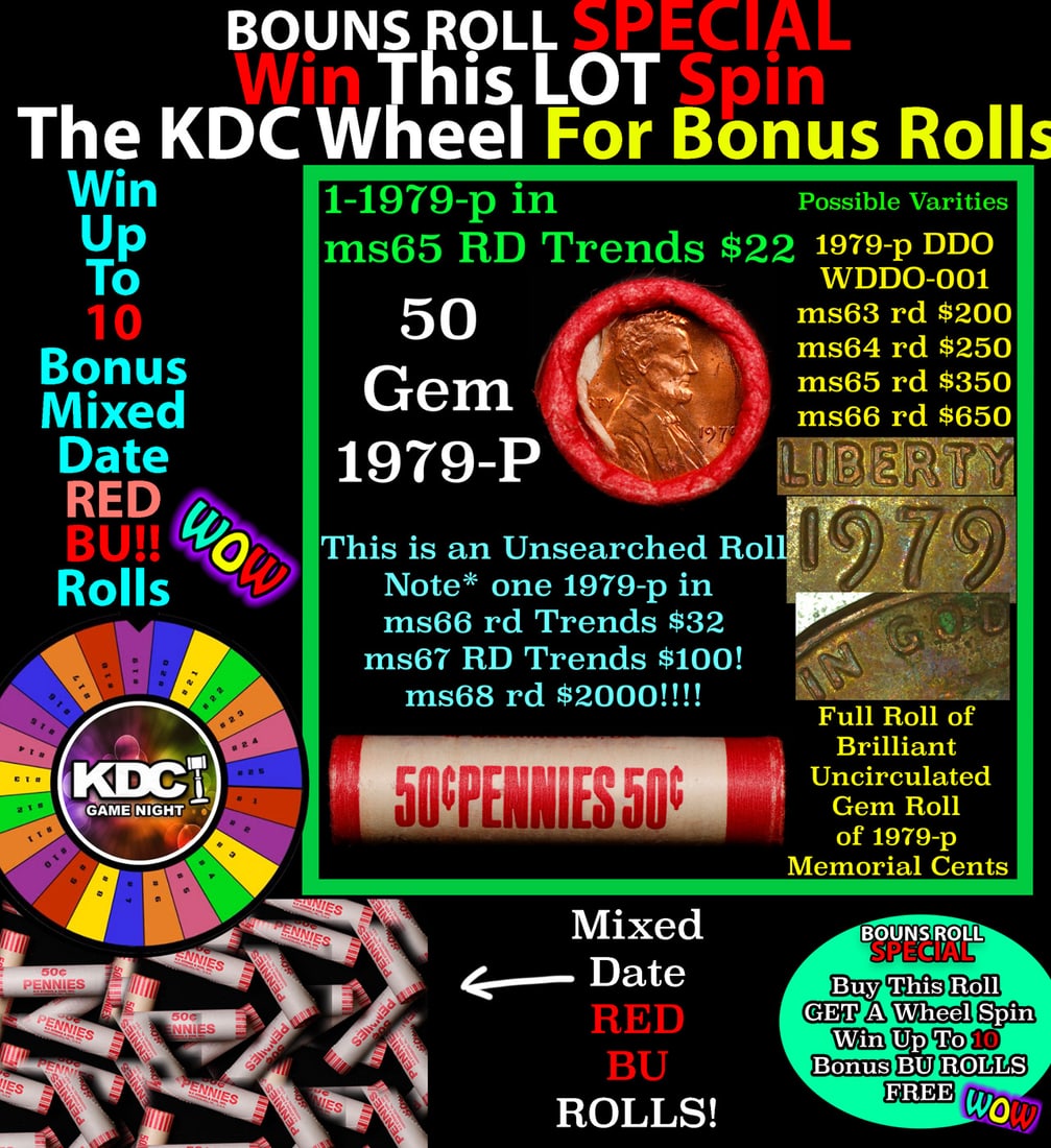 1-10 FREE BU RED Penny rolls with win of this 1979-d SOLID RED BU Lincoln 1c roll incredibly FUN: 1-10 FREE BU RED Penny rolls with win of this 1979-d SOLID RED BU Lincoln 1c roll incredibly FUN wheel. A terrific Shotgun roll of Lincoln cents in a Bank wrapper. Most if not all coins should be cher