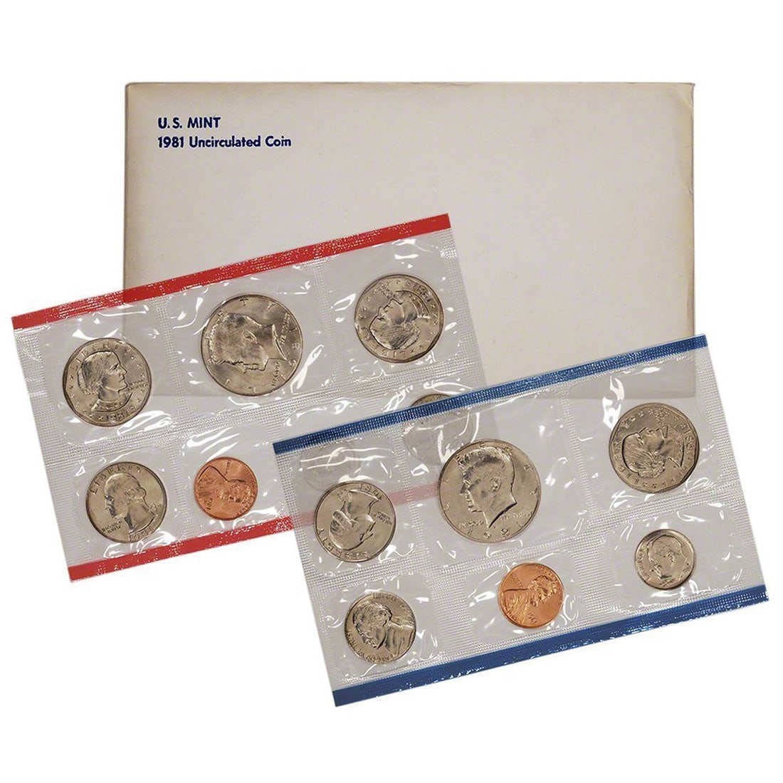 1981 United States Mint Set in the original packaging 6 coins: 1981 United States Mint Set in the original packaging 6 coins. The 1981 sets include a Susan B. Anthony dollar, Kennedy half, Washington quarter, Roosevelt dime, Jefferson nickel & Lincoln cent, 1 coi