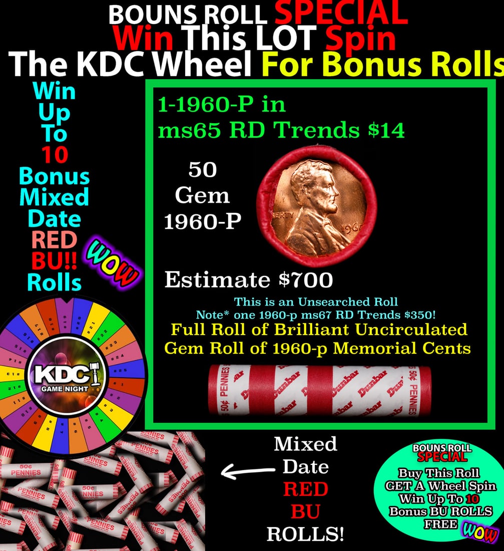 INSANITY The CRAZY Penny Wheel 1000s won so far, WIN this 1960-p BU RED roll get 1-10 FREE: INSANITY The CRAZY Penny Wheel 1000s won so far, WIN this 1960-p BU RED roll get 1-10 FREE. A terrific Shotgun roll of Lincoln cents in a Bank wrapper. Most if not all coins should be cherry red. NOTE
