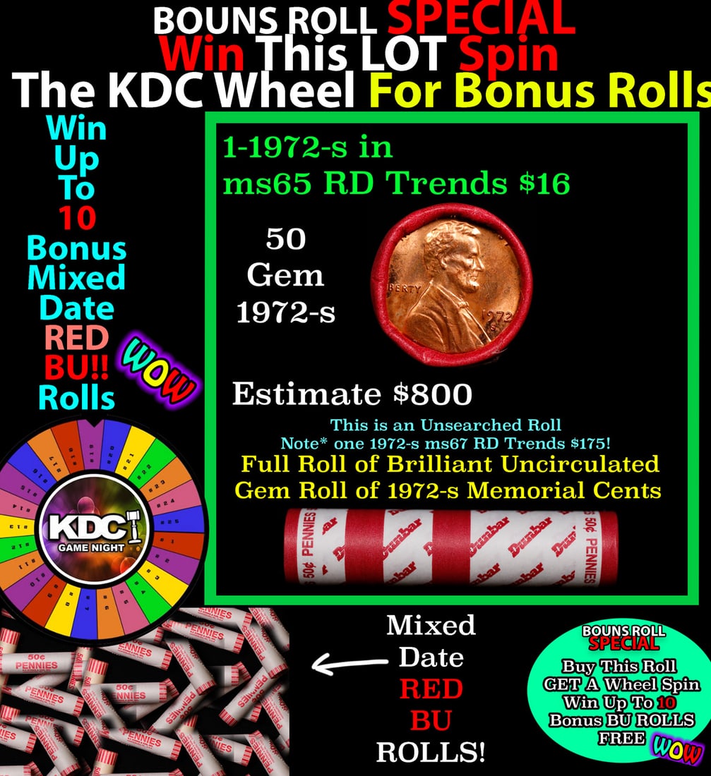 1-10 FREE BU RED Penny rolls with win of this 1972-s SOLID RED BU Lincoln 1c roll incredibly FUN: 1-10 FREE BU RED Penny rolls with win of this 1972-s SOLID RED BU Lincoln 1c roll incredibly FUN wheel. A terrific Shotgun roll of Lincoln cents in a Bank wrapper. Most if not all coins should be cher
