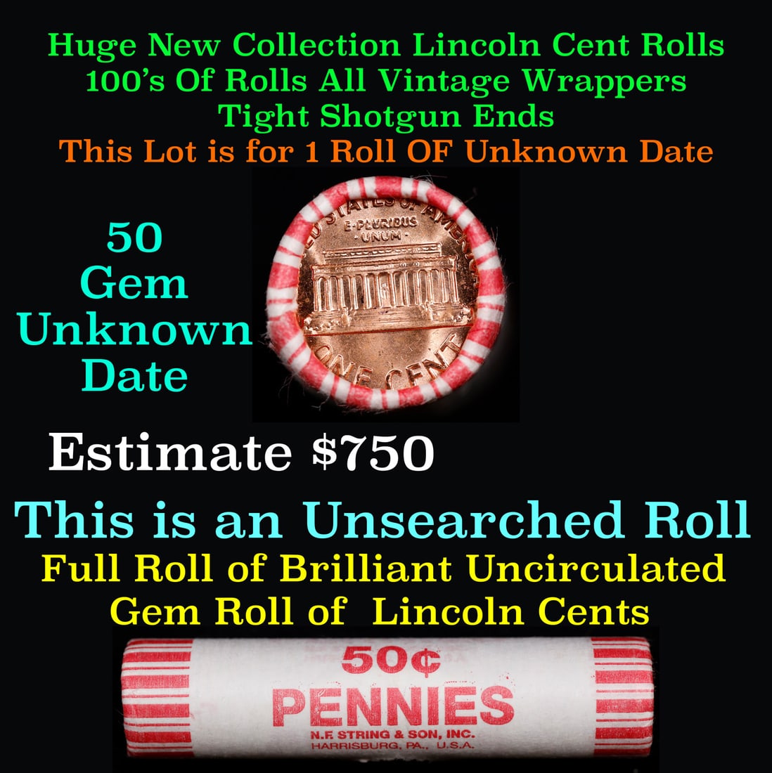 1-10 FREE BU RED Penny rolls with win of this Unknown Date SOLID RED BU Lincoln 1c roll incredibly: 1-10 FREE BU RED Penny rolls with win of this Unknown Date SOLID RED BU Lincoln 1c roll incredibly FUN wheel. A terrific Shotgun roll of Lincoln cents in a Bank wrapper. Most if not all coins should b