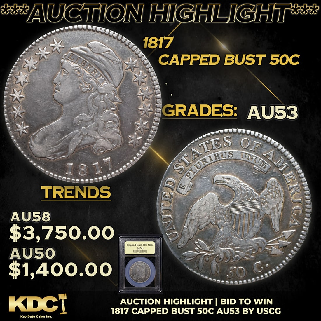 ***Auction Highlight*** 1817 Capped Bust Half Dollar 50c Graded Select AU By USCG (fc) (1 of 5)