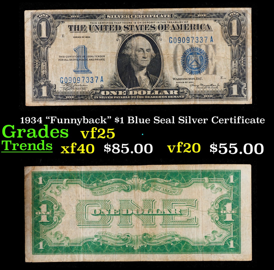 1934 "Funnyback" $1 Blue Seal Silver Certificate Grades vf+ (1 of 3)