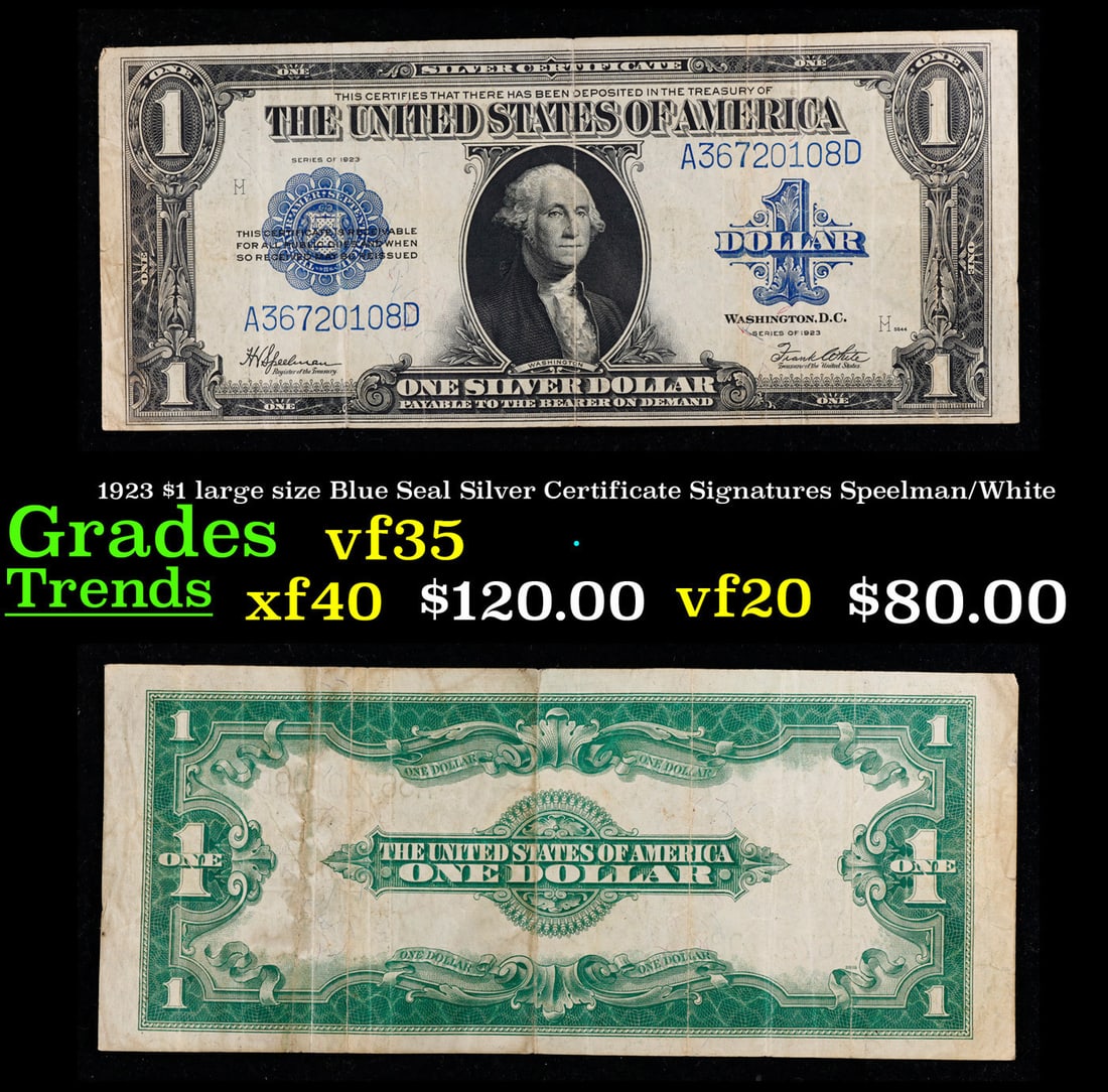 1923 $1 large size Blue Seal Silver Certificate Grades vf++ Signatures Speelman/White: 1923 $1 large size Blue Seal Silver Certificate Grades vf++ Signatures Speelman/White. Fr-237 The term “horse blanket” gets used a lot when talking about large size currency. It is most freque