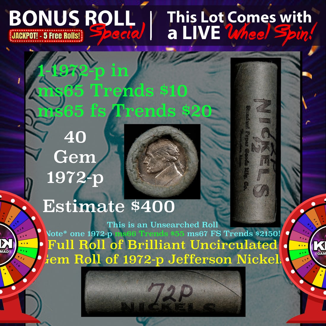 CRAZY Nickel Wheel Buy THIS 1972-p solid  BU Jefferson 5c roll & get 1-5 BU rolls FREE WOW (1 of 4)