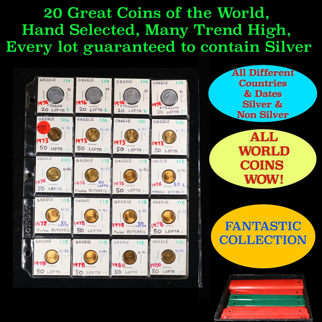 20 Great Coins of the World, hand selected, many trend high, every lot guaranteed to contain Silver.: 20 Great Coins of the World, hand selected, many trend high, every lot guaranteed to contain Silver.. We have received a huge collection of over 10 thousand US coins in flips, 2x2 holders, and 20 coin