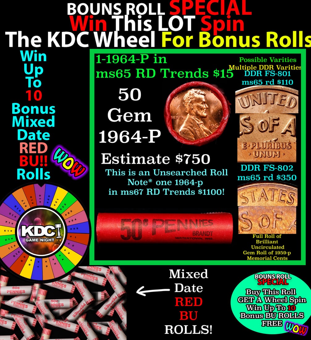 1-10 FREE BU RED Penny rolls with win of this 1964-p SOLID RED BU Lincoln 1c roll incredibly FUN: 1-10 FREE BU RED Penny rolls with win of this 1964-p SOLID RED BU Lincoln 1c roll incredibly FUN wheel. A terrific Shotgun roll of Lincoln cents in a Bank wrapper. Most if not all coins should be cher
