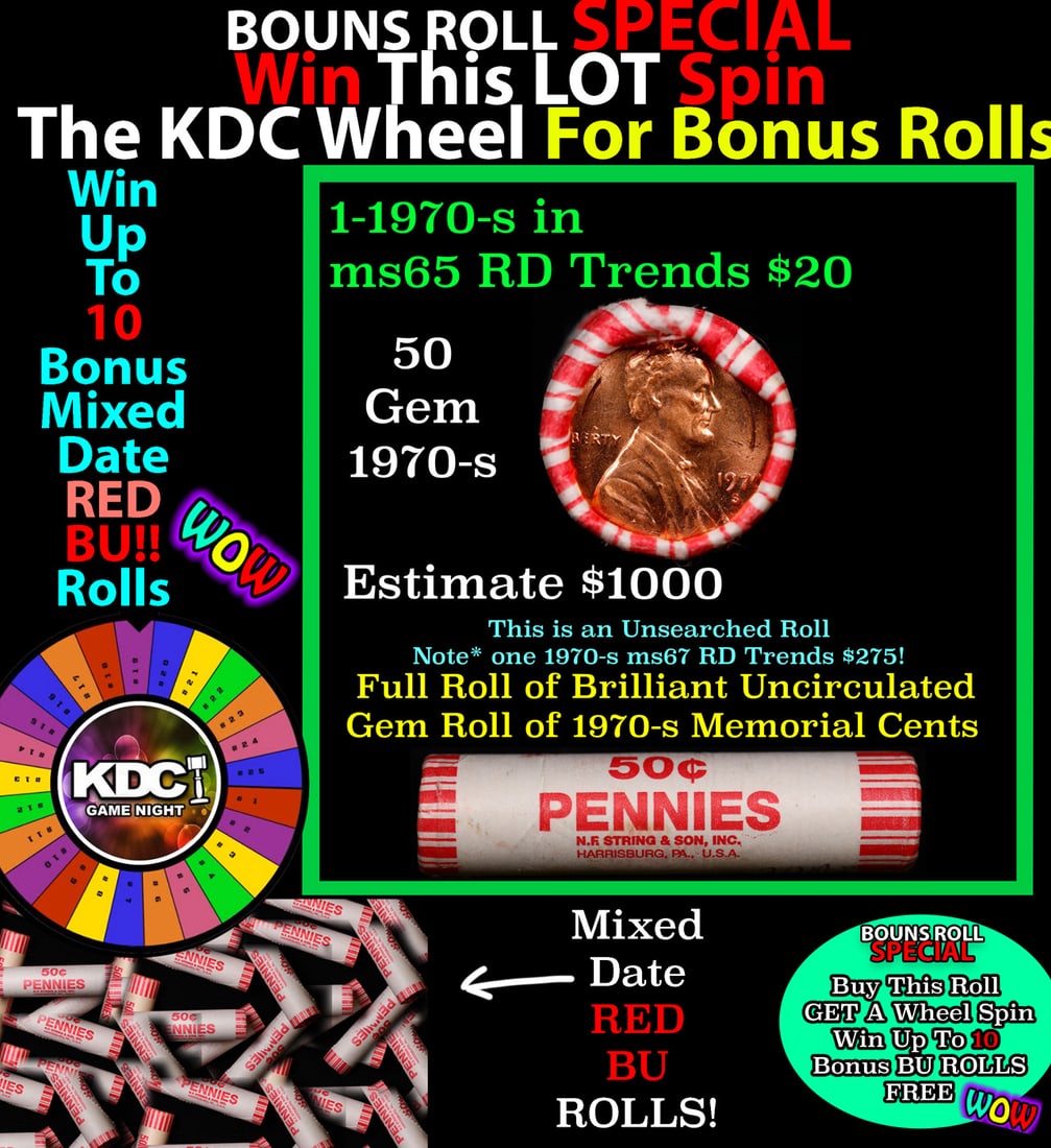 CRAZY Penny Wheel Buy THIS 1970-s solid Red BU Lincoln 1c roll & get 1-10 BU Red rolls FREE WOW: CRAZY Penny Wheel Buy THIS 1970-s solid Red BU Lincoln 1c roll & get 1-10 BU Red rolls FREE WOW. A terrific Shotgun roll of Lincoln cents in a Bank wrapper. Most if not all coins should be cherry red.