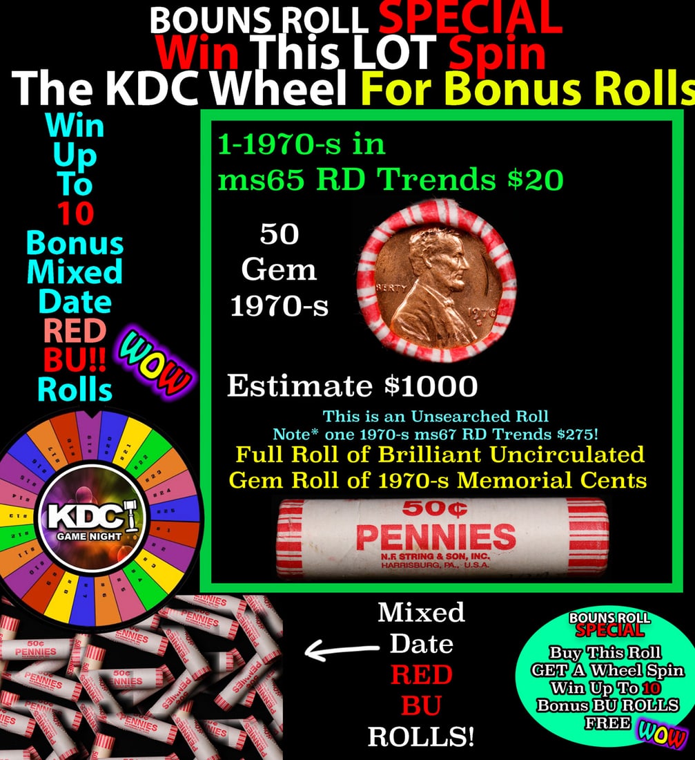 CRAZY Penny Wheel Buy THIS 1970-s solid Red BU Lincoln 1c roll & get 1-10 BU Red rolls FREE WOW: CRAZY Penny Wheel Buy THIS 1970-s solid Red BU Lincoln 1c roll & get 1-10 BU Red rolls FREE WOW. A terrific Shotgun roll of Lincoln cents in a Bank wrapper. Most if not all coins should be cherry red.