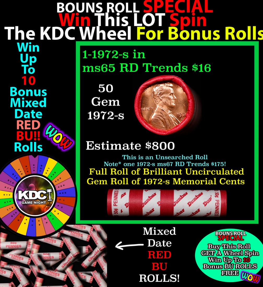 1-10 FREE BU RED Penny rolls with win of this 1972-s SOLID RED BU Lincoln 1c roll incredibly FUN: 1-10 FREE BU RED Penny rolls with win of this 1972-s SOLID RED BU Lincoln 1c roll incredibly FUN wheel. A terrific Shotgun roll of Lincoln cents in a Bank wrapper. Most if not all coins should be cher