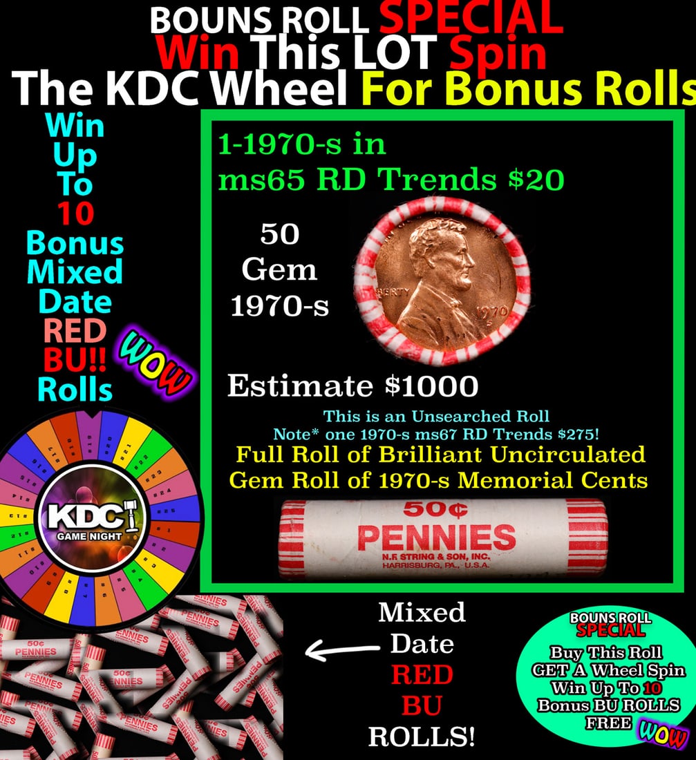 INSANITY The CRAZY Penny Wheel 1000s won so far, WIN this 1970-s BU RED roll get 1-10 FREE: INSANITY The CRAZY Penny Wheel 1000s won so far, WIN this 1970-s BU RED roll get 1-10 FREE. A terrific Shotgun roll of Lincoln cents in a Bank wrapper. Most if not all coins should be cherry red. NOTE