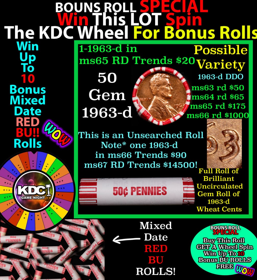 1-10 FREE BU RED Penny rolls with win of this 1963-d SOLID RED BU Lincoln 1c roll incredibly FUN (1 of 2)