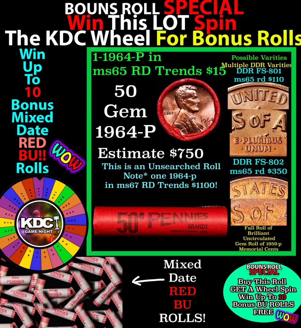 INSANITY The CRAZY Penny Wheel 1000s won so far, WIN this 1964-p BU RED roll get 1-10 FREE: INSANITY The CRAZY Penny Wheel 1000s won so far, WIN this 1964-p BU RED roll get 1-10 FREE. A terrific Shotgun roll of Lincoln cents in a Bank wrapper. Most if not all coins should be cherry red. NOTE
