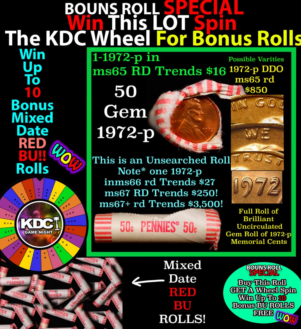 CRAZY Penny Wheel Buy THIS 1972-p solid Red BU Lincoln 1c roll & get 1-10 BU Red rolls FREE WOW: CRAZY Penny Wheel Buy THIS 1972-p solid Red BU Lincoln 1c roll & get 1-10 BU Red rolls FREE WOW. A terrific Shotgun roll of Lincoln cents in a Bank wrapper. Most if not all coins should be cherry red.