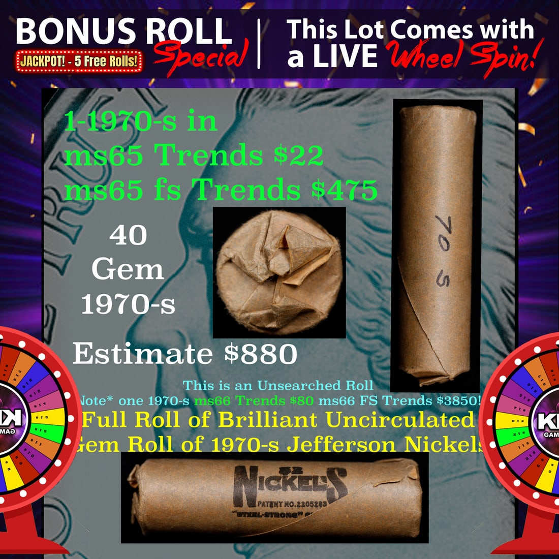 CRAZY Nickel Wheel Buy THIS 1970-s solid  BU Jefferson 5c roll & get 1-5 BU rolls FREE WOW (1 of 4)