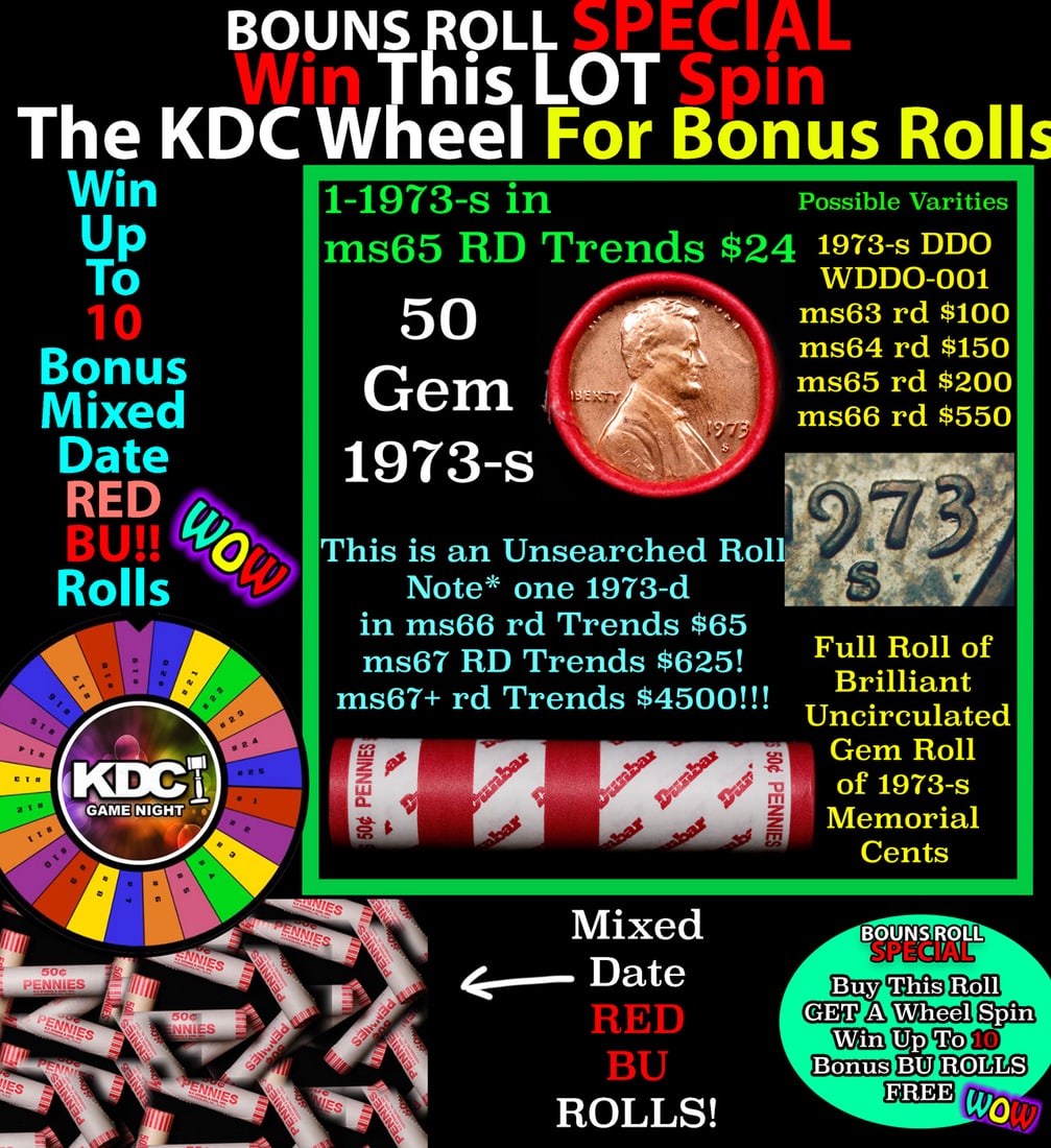 1-10 FREE BU RED Penny rolls with win of this 1973-s SOLID RED BU Lincoln 1c roll incredibly FUN: 1-10 FREE BU RED Penny rolls with win of this 1973-s SOLID RED BU Lincoln 1c roll incredibly FUN wheel. A terrific Shotgun roll of Lincoln cents in a Bank wrapper. Most if not all coins should be cher