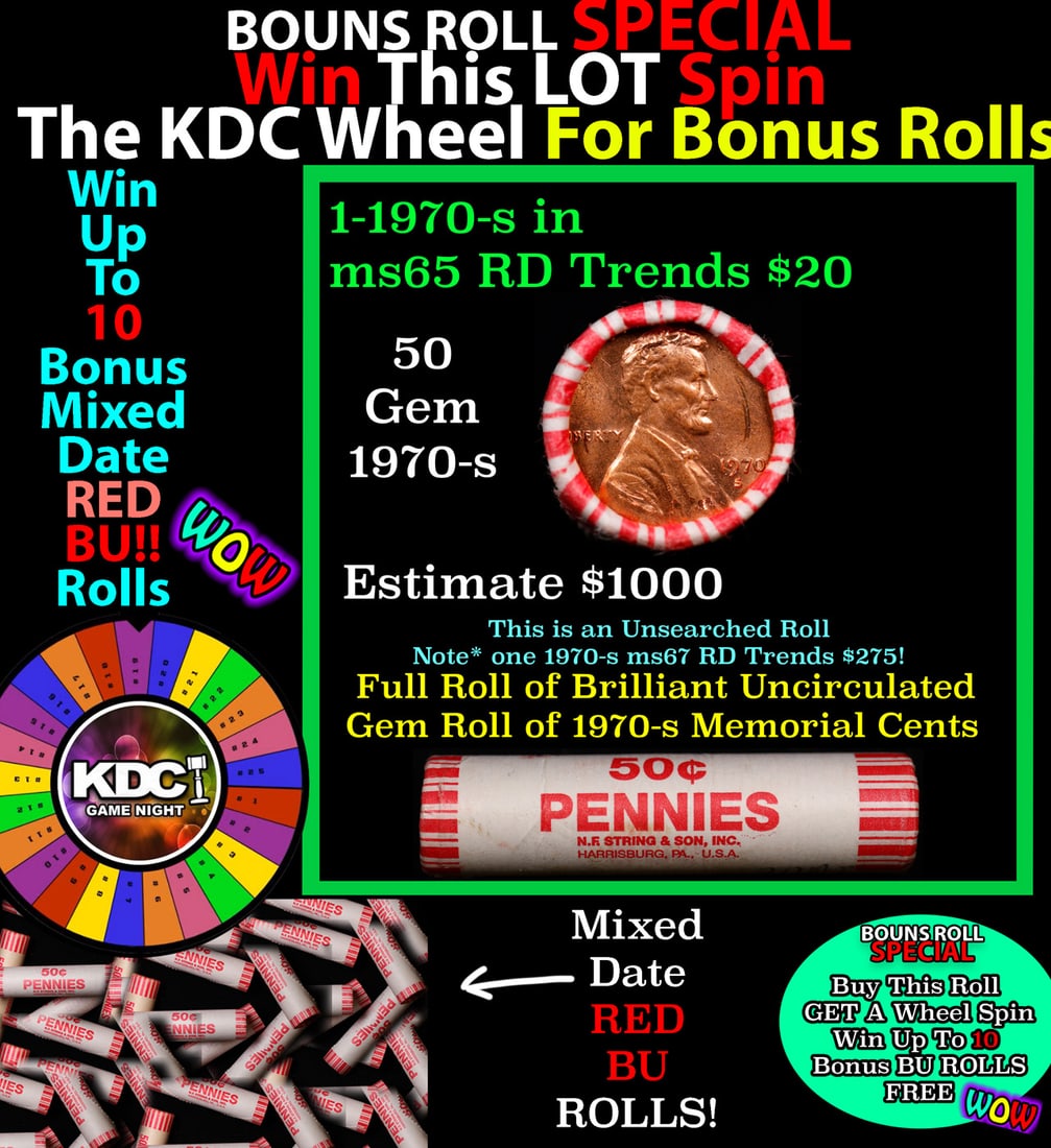 INSANITY The CRAZY Penny Wheel 1000s won so far, WIN this 1970-s BU RED roll get 1-10 FREE: INSANITY The CRAZY Penny Wheel 1000s won so far, WIN this 1970-s BU RED roll get 1-10 FREE. A terrific Shotgun roll of Lincoln cents in a Bank wrapper. Most if not all coins should be cherry red. NOTE