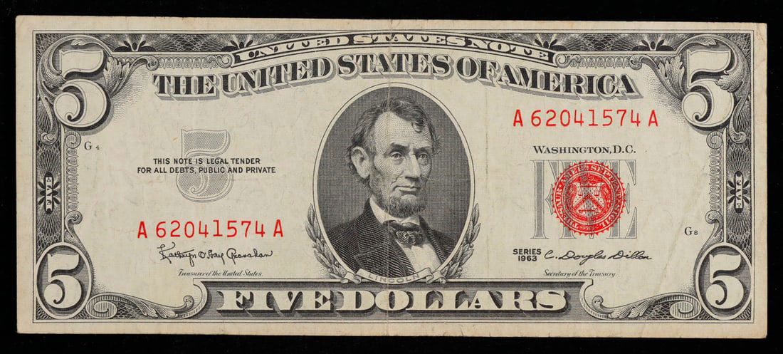1963 $5 Red Seal United States Note Grades vf++: 1963 $5 Red Seal United States Note Grades vf++. Fr-1536 Each 1963 five dollar red seal bill has serial number written in red ink. There is a red seal on the right hand side of the bill. All 1963 red