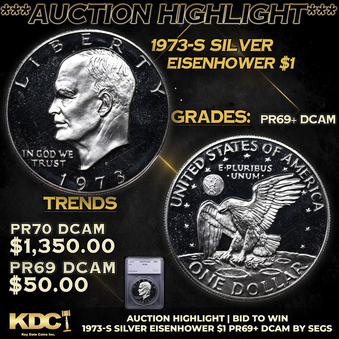 Proof ***Auction Highlight*** 1973-s Silver Eisenhower Dollar 1 Graded pr69+ dcam BY SEGS (fc) (1 of 4)