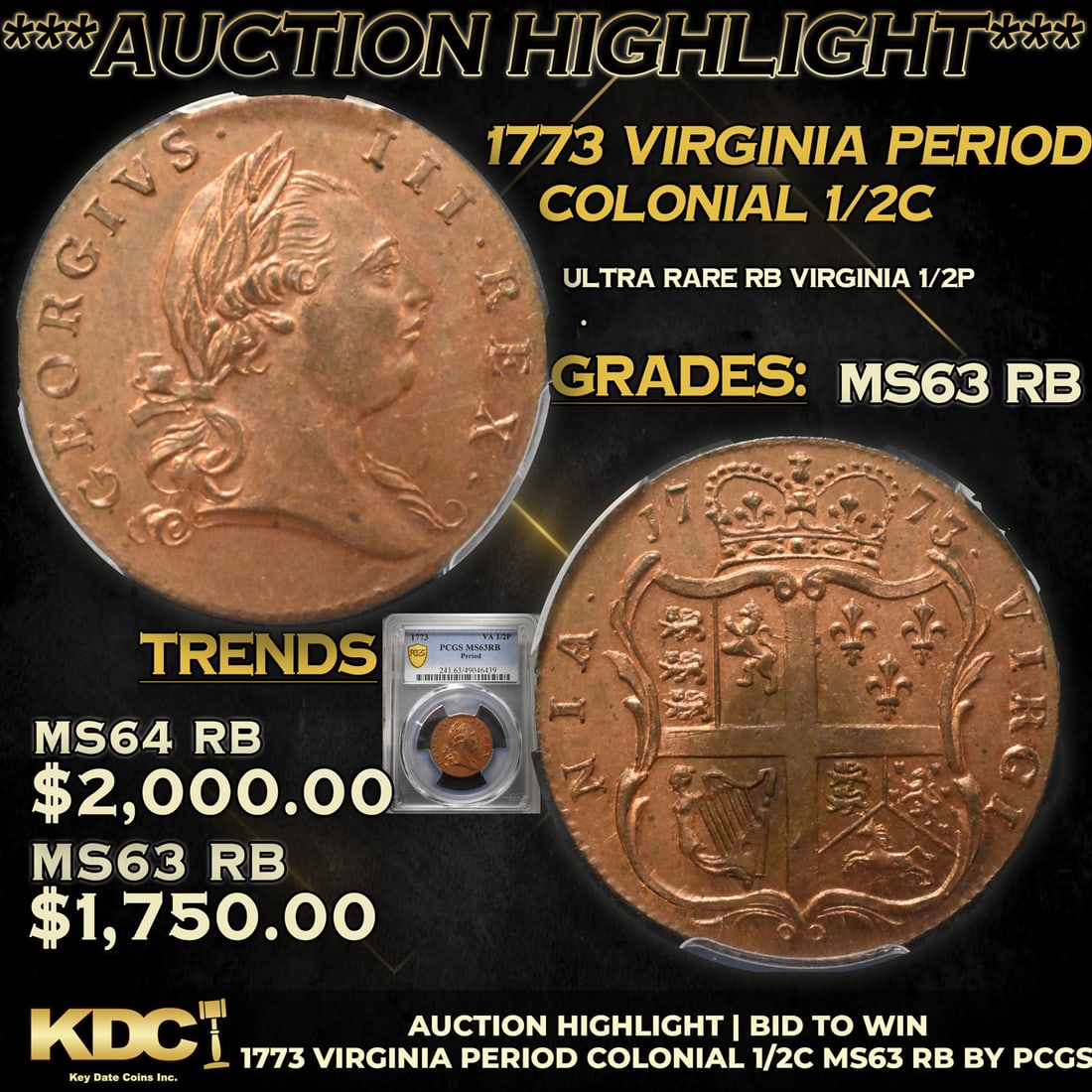 ***Auction Highlight*** PCGS 1773 Virginia Period Colonial Half Cent 1/2c Graded ms63 RB By PCGS (1 of 4)