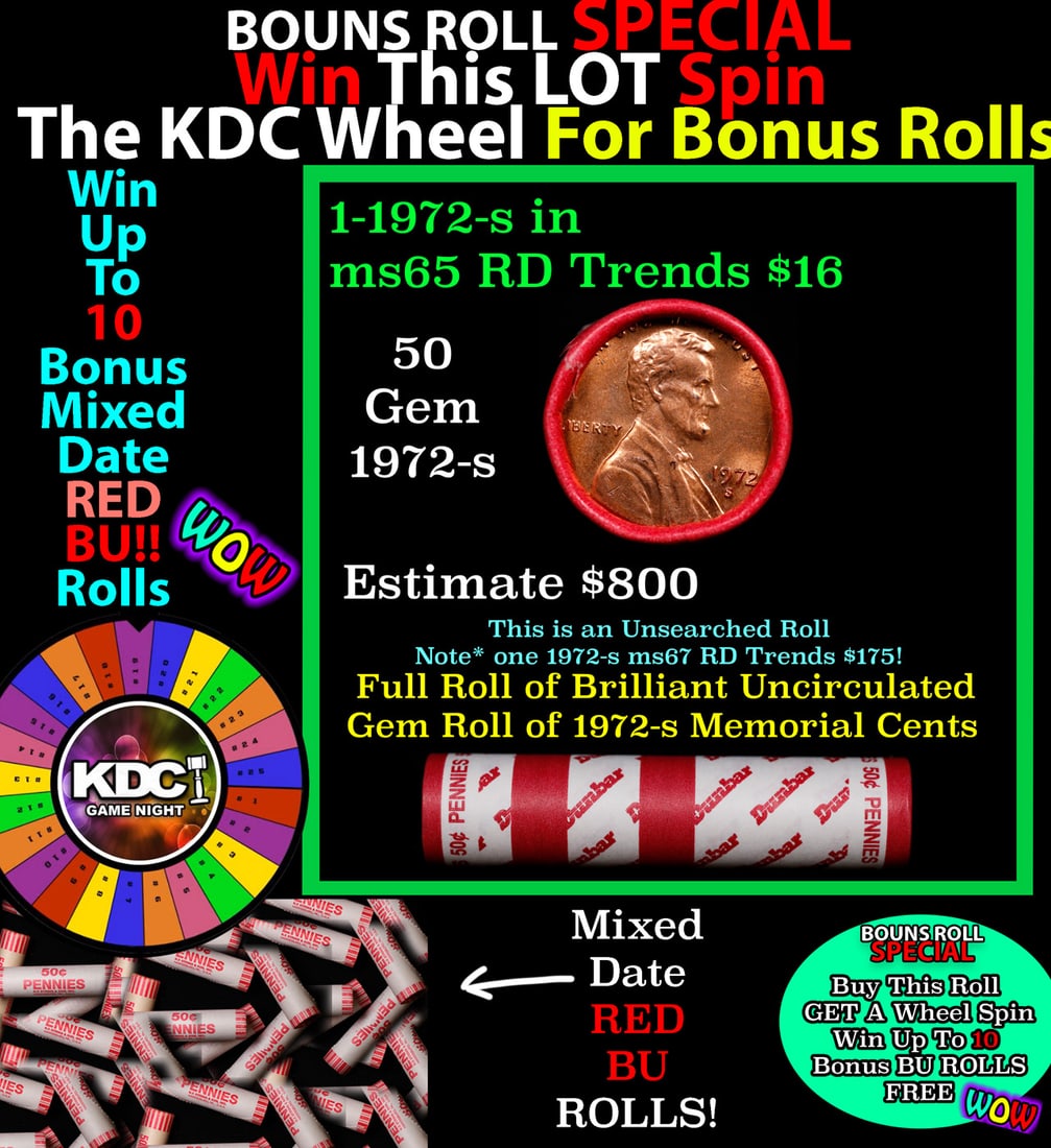 1-10 FREE BU RED Penny rolls with win of this 1972-s SOLID RED BU Lincoln 1c roll incredibly FUN: 1-10 FREE BU RED Penny rolls with win of this 1972-s SOLID RED BU Lincoln 1c roll incredibly FUN wheel. A terrific Shotgun roll of Lincoln cents in a Bank wrapper. Most if not all coins should be cher