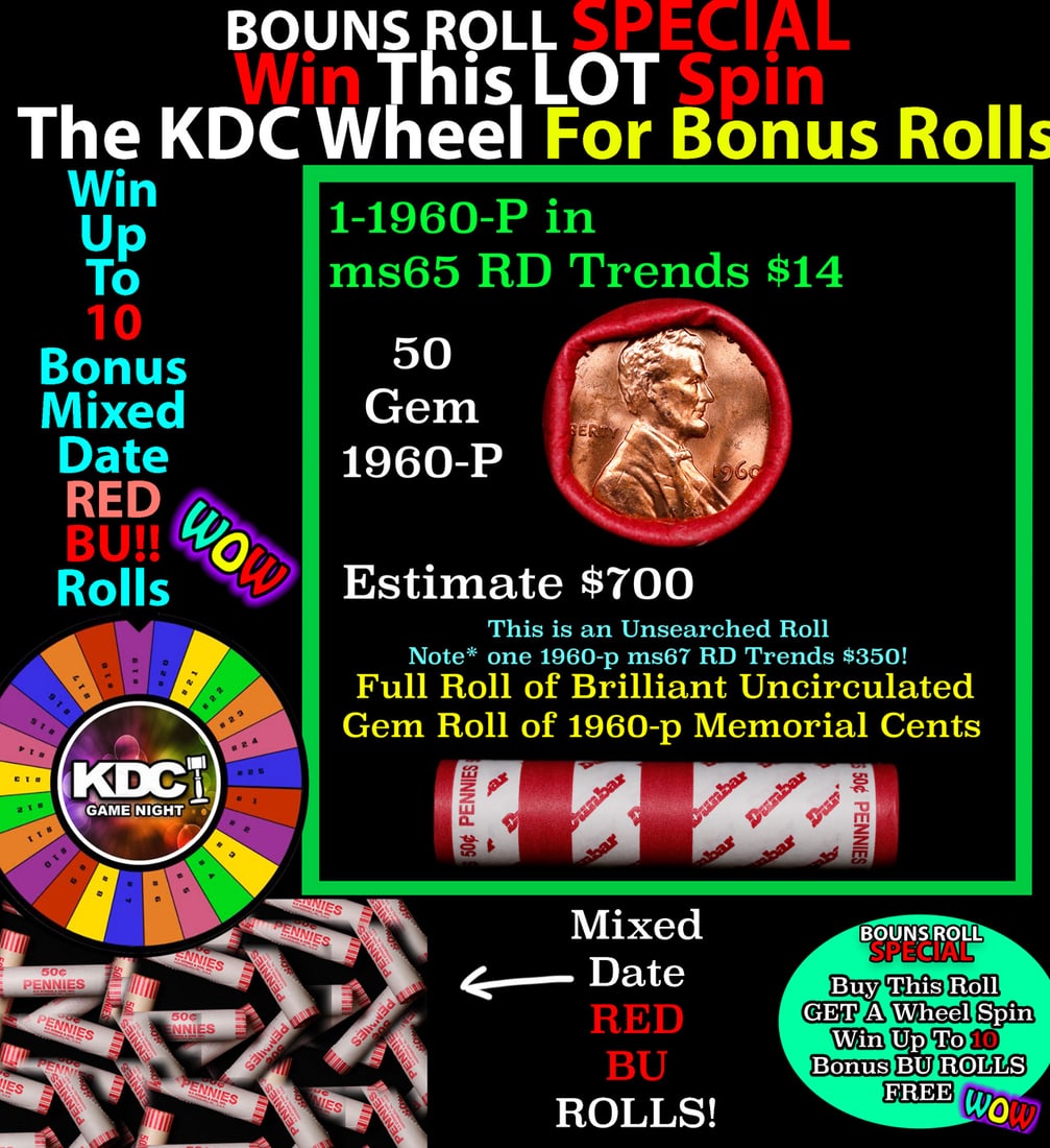 INSANITY The CRAZY Penny Wheel 1000s won so far, WIN this 1960-p BU RED roll get 1-10 FREE: INSANITY The CRAZY Penny Wheel 1000s won so far, WIN this 1960-p BU RED roll get 1-10 FREE. A terrific Shotgun roll of Lincoln cents in a Bank wrapper. Most if not all coins should be cherry red. NOTE