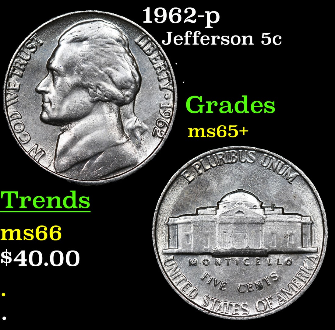 1962-p Jefferson Nickel 5c Grades GEM+ Unc: 1962-p Jefferson Nickel 5c Grades GEM+ Unc.