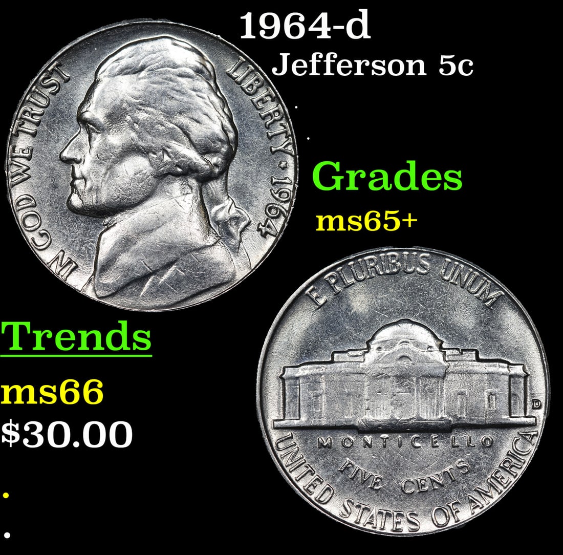 1964-d Jefferson Nickel 5c Grades GEM+ Unc: 1964-d Jefferson Nickel 5c Grades GEM+ Unc.