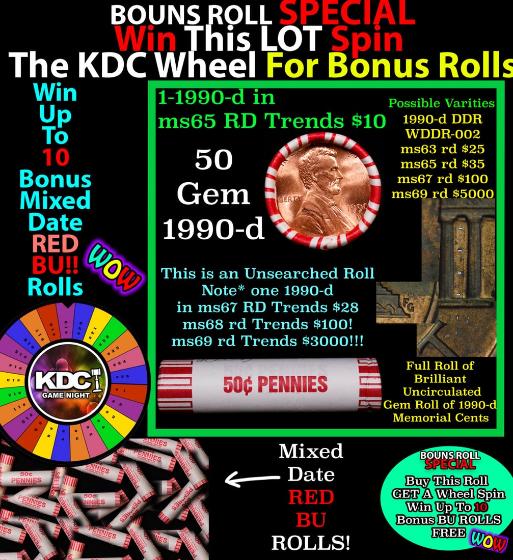 CRAZY Penny Wheel Buy THIS 1999-d solid Red BU Lincoln 1c roll & get 1-10 BU Red rolls FREE WOW (1 of 2)