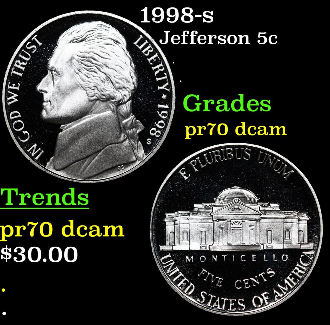 Proof 1998-s Jefferson Nickel 5c Grades GEM++ Proof Deep Cameo (1 of 3)
