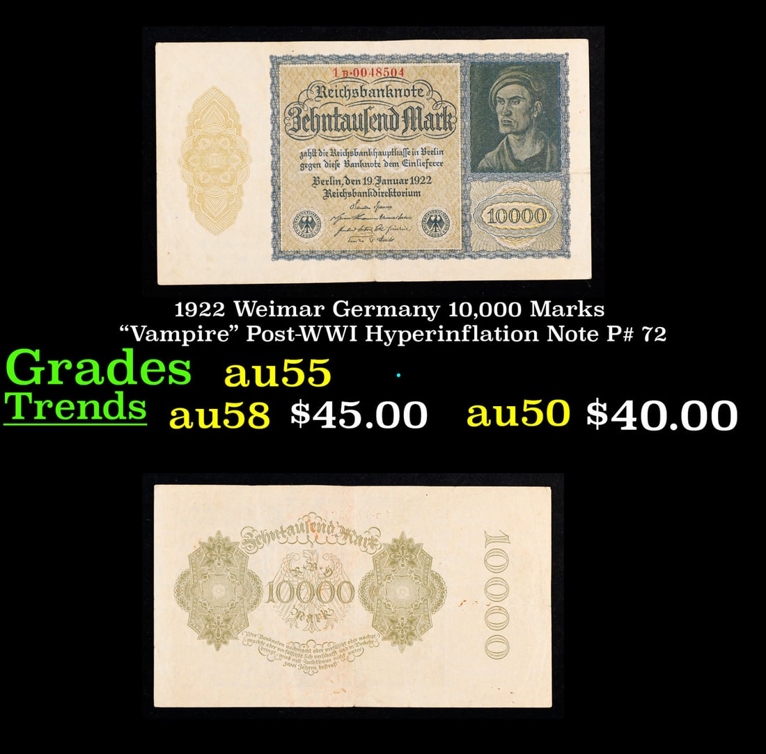 1922 Weimar Germany 10,000 Marks "Vampire" Post-WWI Hyperinflation Note P# 72 Grades Choice AU (1 of 3)