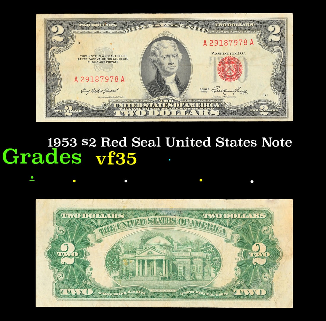 1953 $2 Red Seal United States Note Grades vf++: 1953 $2 Red Seal United States Note Grades vf++. 1953 red print two dollar bills can be broke up into four different types by signature combination; 1953 – Ivy Baker Priest (Treasurer of The United