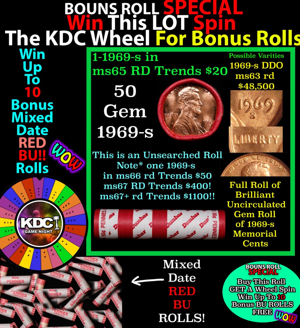INSANITY The CRAZY Penny Wheel 1000s won so far, WIN this 1969-s BU RED roll get 1-10 FREE (1 of 2)