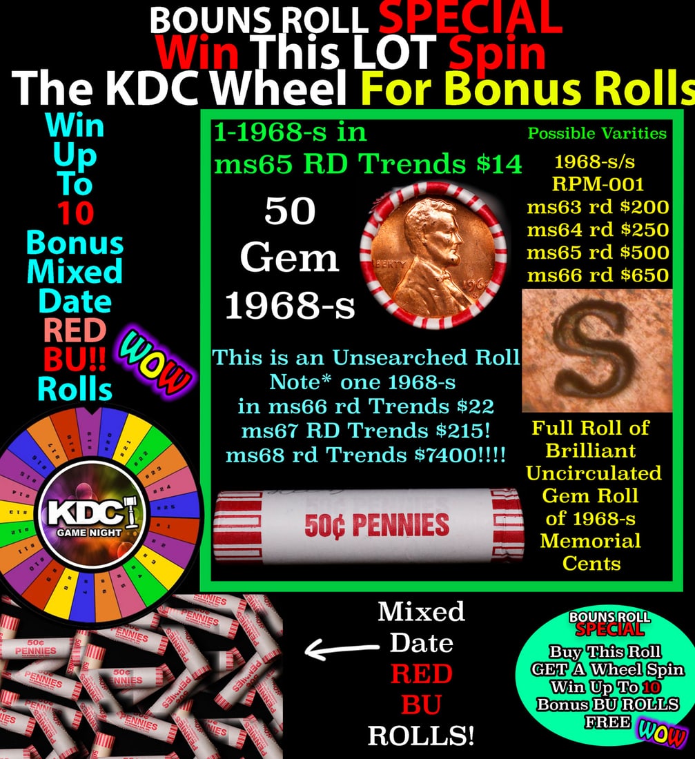 1-10 FREE BU RED Penny rolls with win of this 1968-s SOLID RED BU Lincoln 1c roll incredibly FUN: 1-10 FREE BU RED Penny rolls with win of this 1968-s SOLID RED BU Lincoln 1c roll incredibly FUN wheel. A terrific Shotgun roll of Lincoln cents in a Bank wrapper. Most if not all coins should be cher