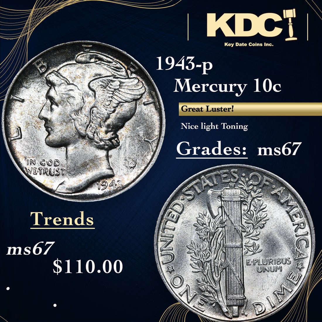 1943-p Mercury Dime 10c Grades GEM++ Unc: 1943-p Mercury Dime 10c Grades GEM++ Unc.