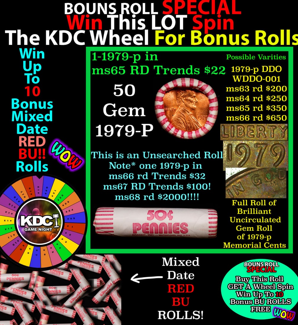CRAZY Penny Wheel Buy THIS 1979-p solid Red BU Lincoln 1c roll & get 1-10 BU Red rolls FREE WOW: CRAZY Penny Wheel Buy THIS 1979-p solid Red BU Lincoln 1c roll & get 1-10 BU Red rolls FREE WOW. A terrific Shotgun roll of Lincoln cents in a Bank wrapper. Most if not all coins should be cherry red.