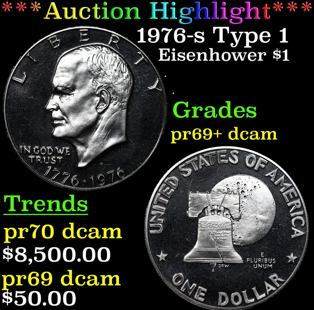Proof ***Auction Highlight*** 1976-s Type 1 Eisenhower Dollar 1 Graded pr69+ dcam BY SEGS (fc) (1 of 3)