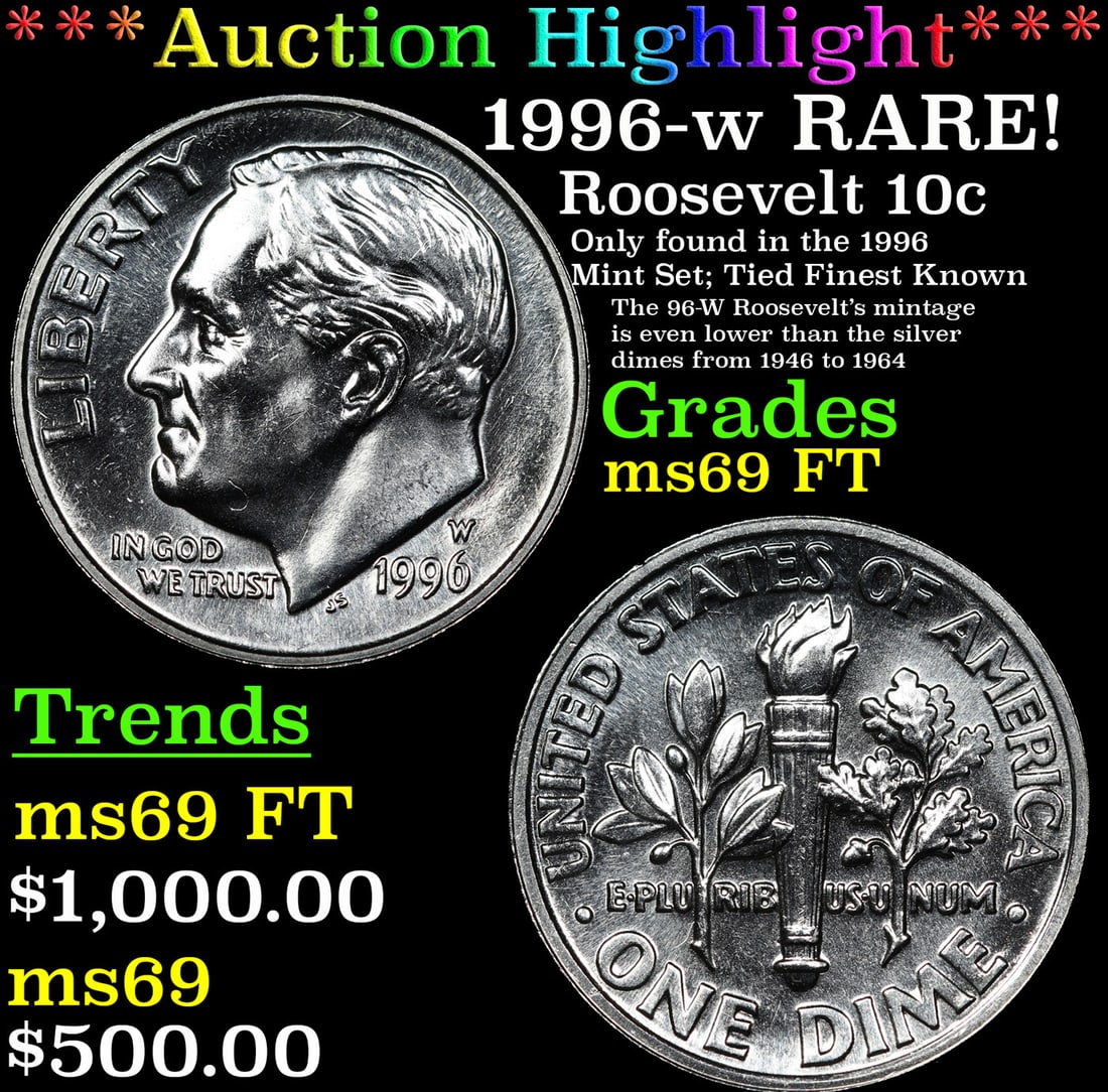 ***Auction Highlight*** 1996-w Roosevelt Dime RARE!  Top Pop! 10c Graded ms69 FT By USCG (fc) (1 of 3)
