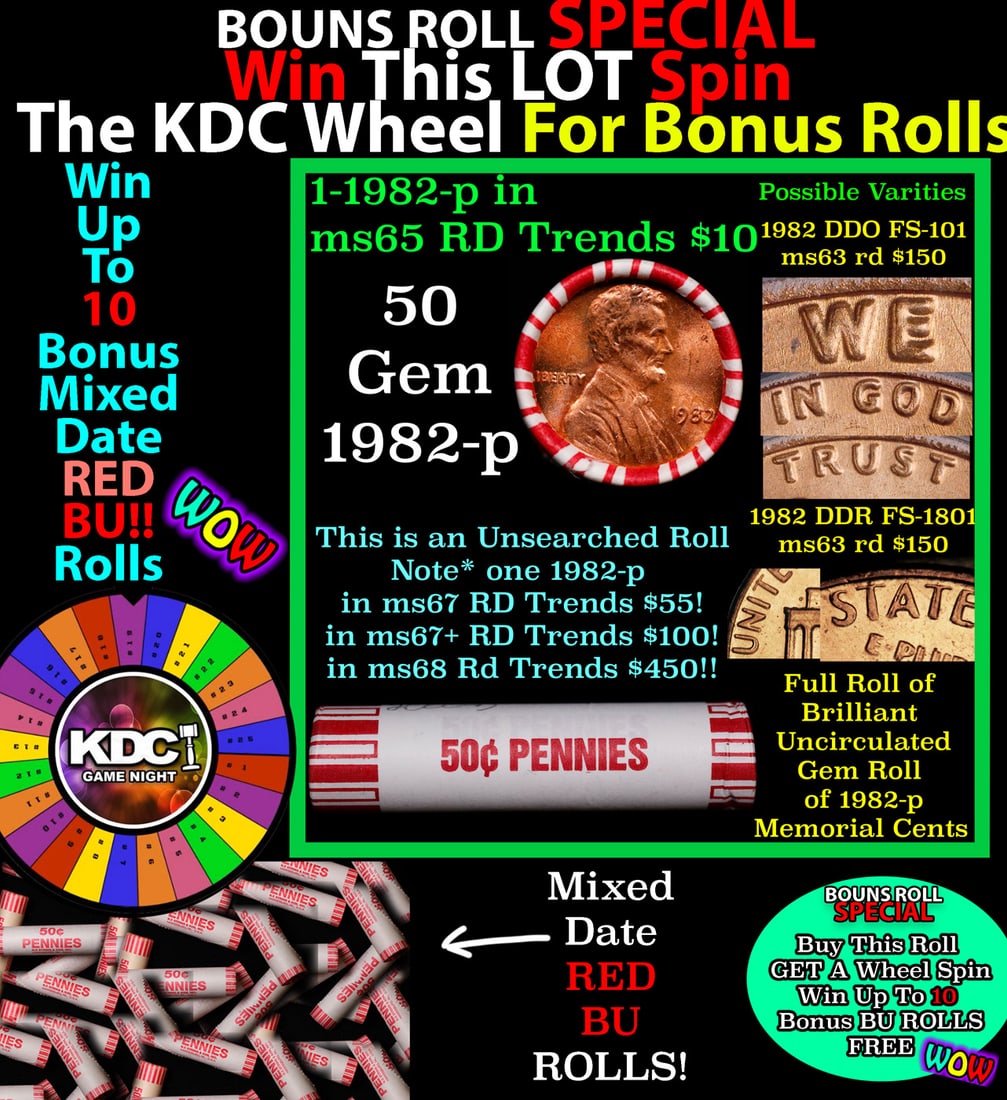CRAZY Penny Wheel Buy THIS 1982-p solid Red BU Lincoln 1c roll & get 1-10 BU Red rolls FREE WOW: CRAZY Penny Wheel Buy THIS 1982-p solid Red BU Lincoln 1c roll & get 1-10 BU Red rolls FREE WOW. A terrific Shotgun roll of Lincoln cents in a Bank wrapper. Most if not all coins should be cherry red.
