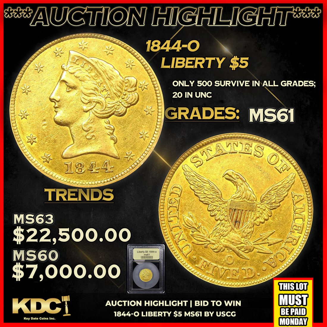 ***Auction Highlight*** 1844-o Gold Liberty Half Eagle $5 Graded BU+ By USCG (fc) (1 of 5)