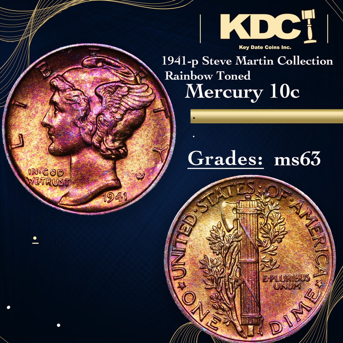 1941-p Mercury Dime Steve Martin Collection Rainbow Toned 10c Grades Select Unc (1 of 3)