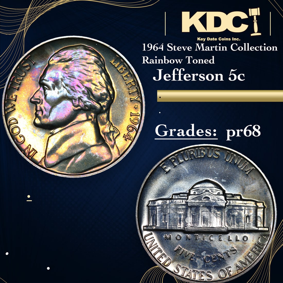 Proof 1964 Jefferson Nickel Steve Martin Collection Rainbow Toned 5c Grades GEM++ Proof (1 of 3)