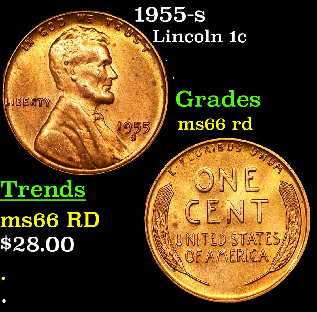 1955-s Lincoln Cent 1c Grades GEM+ Unc RD (1 of 3)