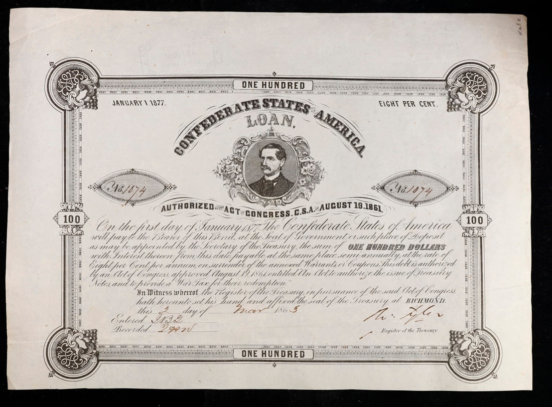 March 2, 1863 Confederate States $100 Civil War Loan Bond Grades (1 of 3)