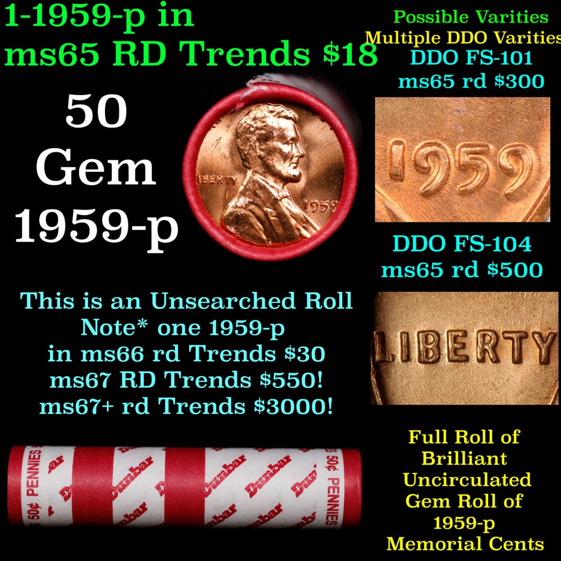 BU Shotgun Lincoln 1c roll, 1959-p 50 pcs Bank Wrapper 50c: BU Shotgun Lincoln 1c roll, 1959-p 50 pcs Bank Wrapper 50c. A terrific Shotgun roll of Lincoln cents in a Bank wrapper. Most if not all coins should be cherry red.