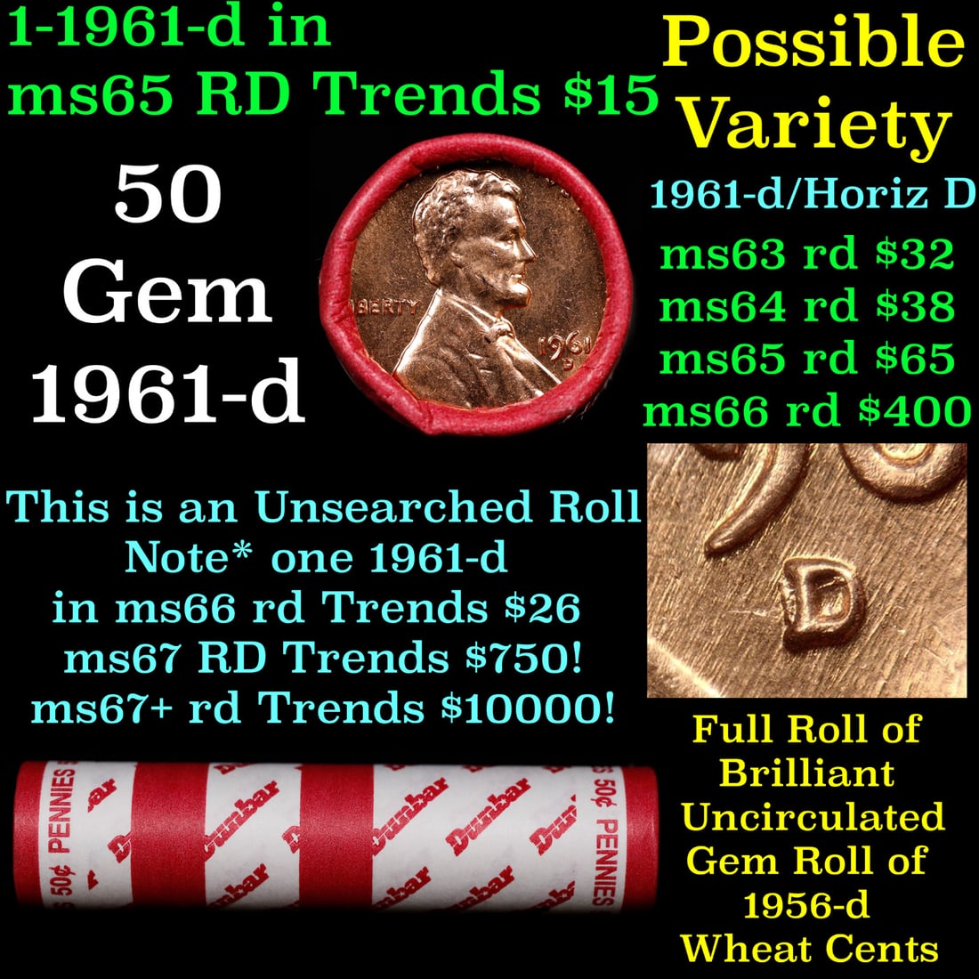 BU Shotgun Lincoln 1c roll, 1961-d 50 pcs Bank Wrapper 50c: BU Shotgun Lincoln 1c roll, 1961-d 50 pcs Bank Wrapper 50c. A terrific Shotgun roll of Lincoln cents in a Bank wrapper. Most if not all coins should be cherry red.