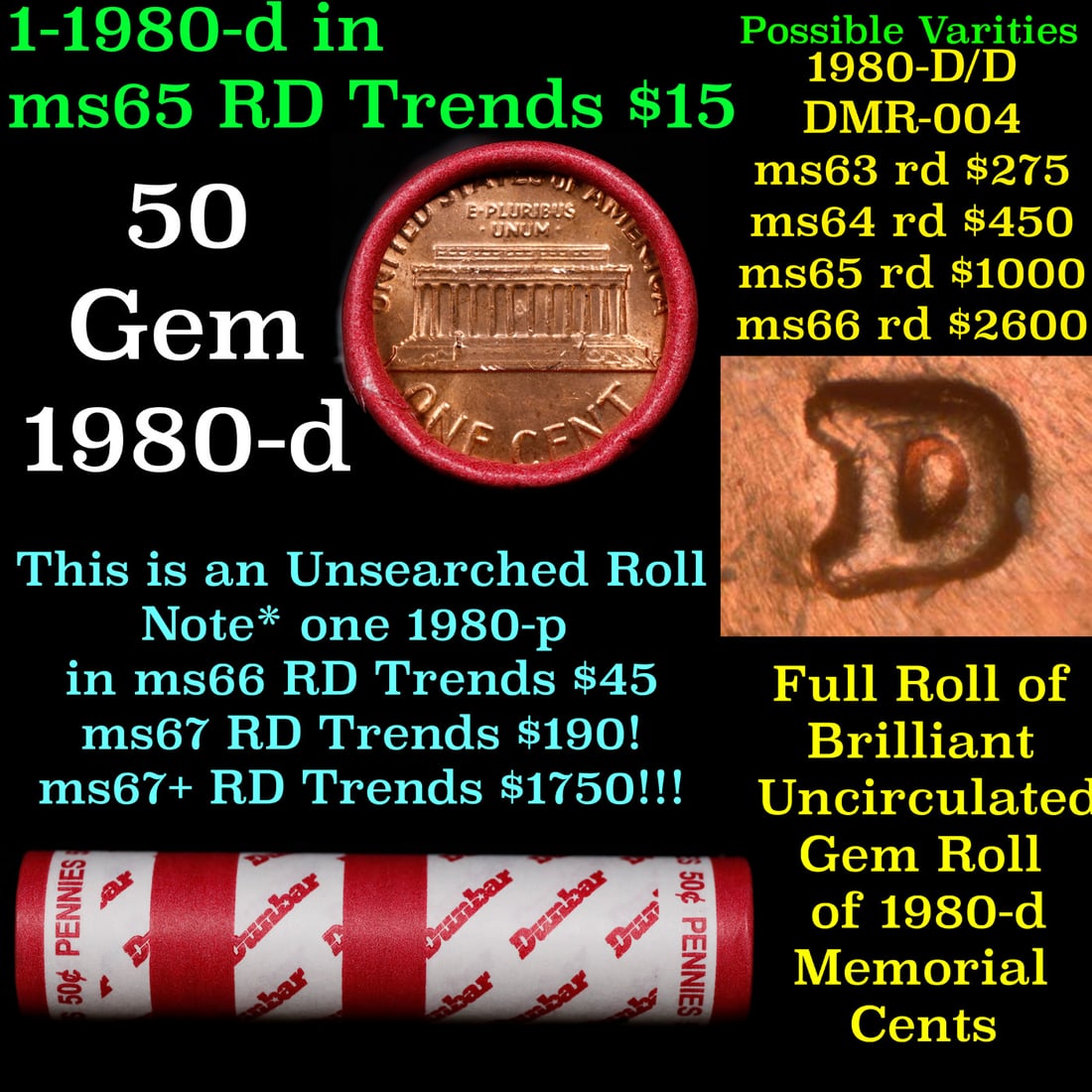 BU Shotgun Lincoln 1c roll, 1980-d 50 pcs Bank Wrapper 50c: BU Shotgun Lincoln 1c roll, 1980-d 50 pcs Bank Wrapper 50c. A terrific Shotgun roll of Lincoln cents in a Bank wrapper. Most if not all coins should be cherry red.