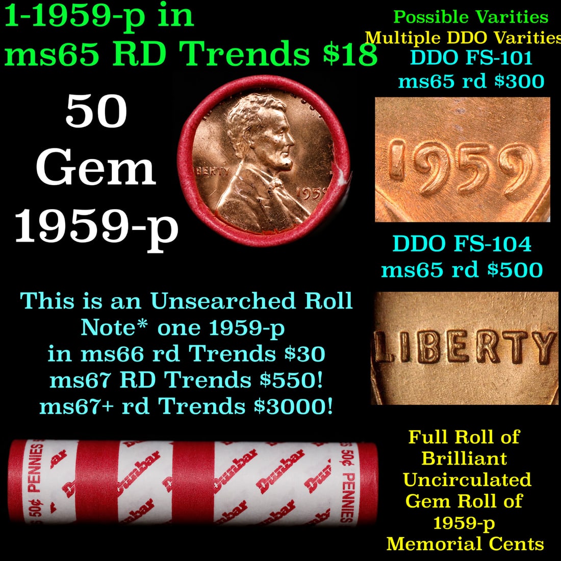 BU Shotgun Lincoln 1c roll, 1959-p 50 pcs Bank Wrapper 50c: BU Shotgun Lincoln 1c roll, 1959-p 50 pcs Bank Wrapper 50c. A terrific Shotgun roll of Lincoln cents in a Bank wrapper. Most if not all coins should be cherry red.