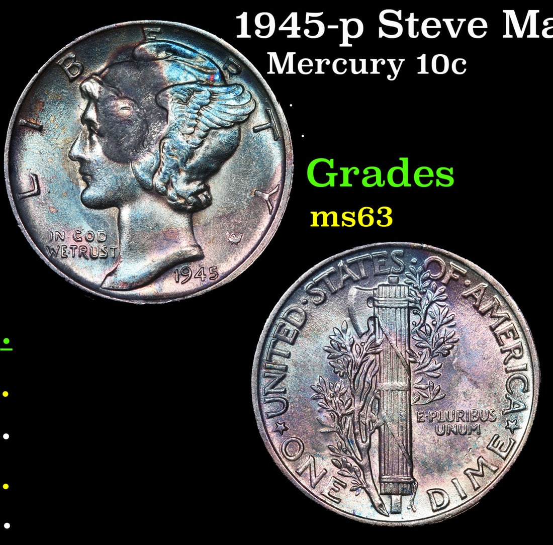 1945-p Mercury Dime Steve Martin Collection Rainbow Toned 10c Grades Select Unc (1 of 3)